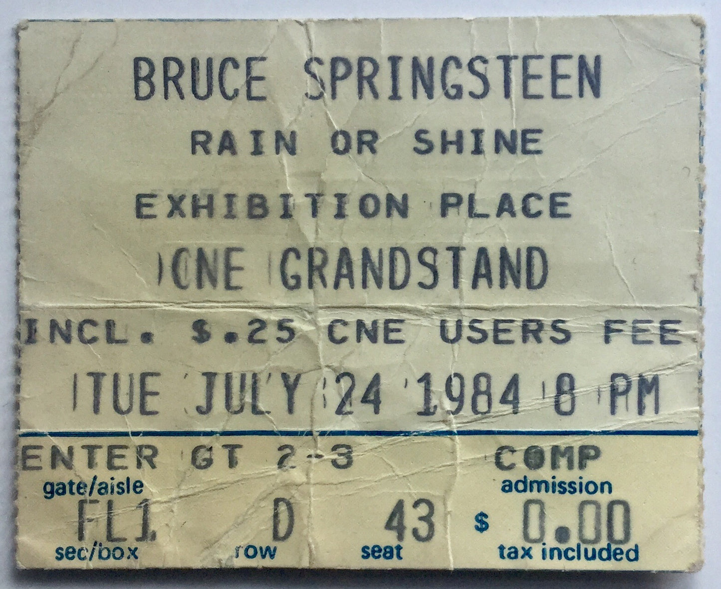 Bruce Springsteen Original Used Concert Ticket CNE Stadium Toronto 24th July 1984