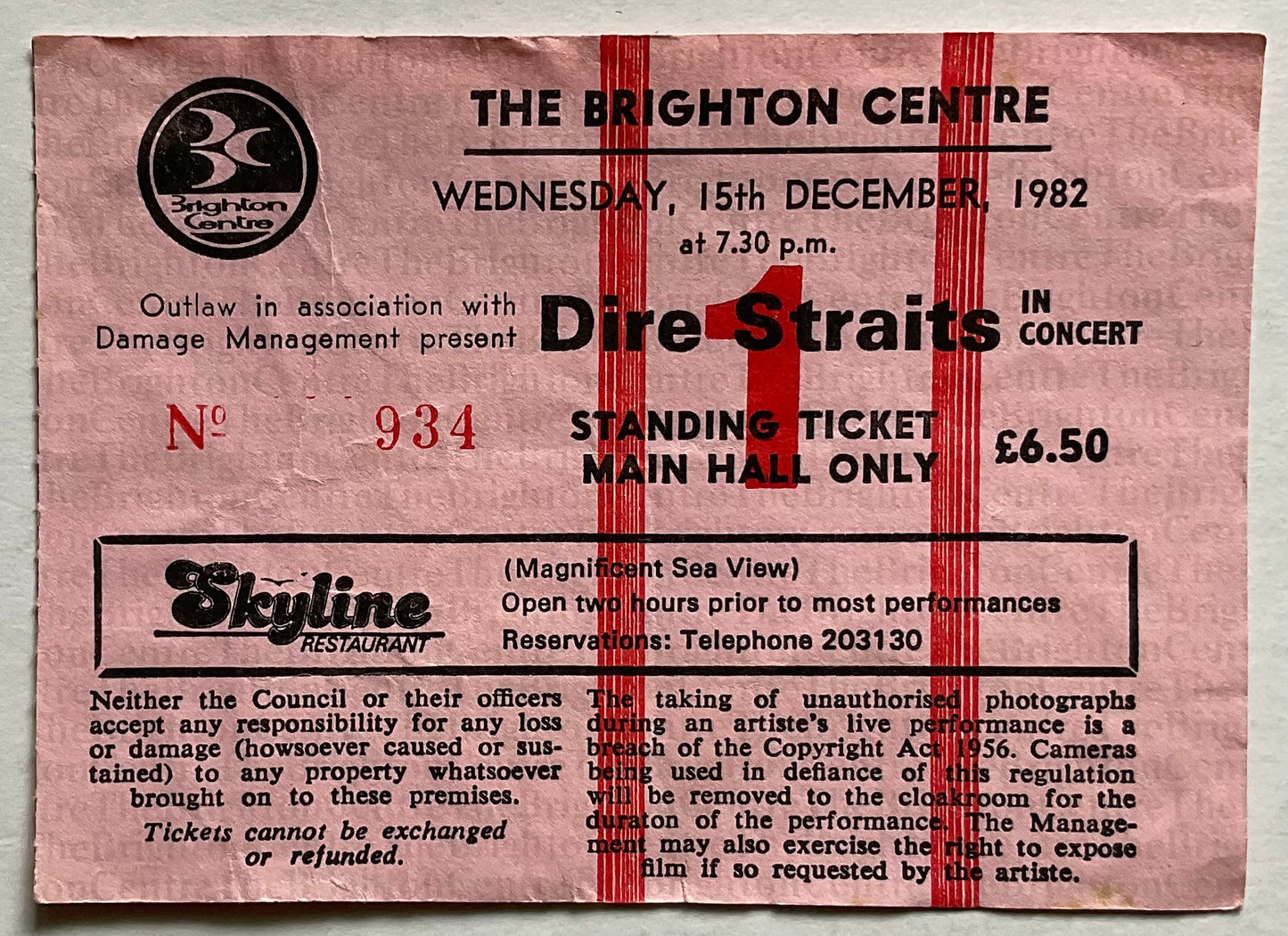 Dire Straits Original Used Concert Ticket The Brighton Centre 15th Dec 1982