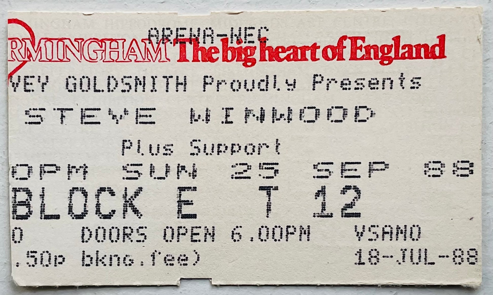 Steve Winwood Original Used Concert Ticket NEC Arena Birmingham 25th Sep 1988