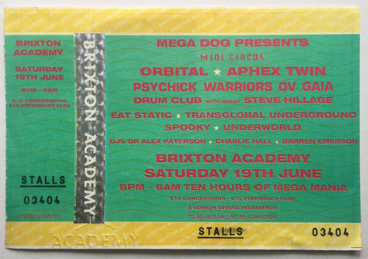 Orbital Original Unused Concert Ticket Brixton Academy London 19th Jun 1993