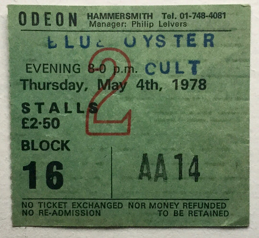 Blue Oyster Cult Original Used Concert Ticket Hammersmith Odeon London 4th May 1978