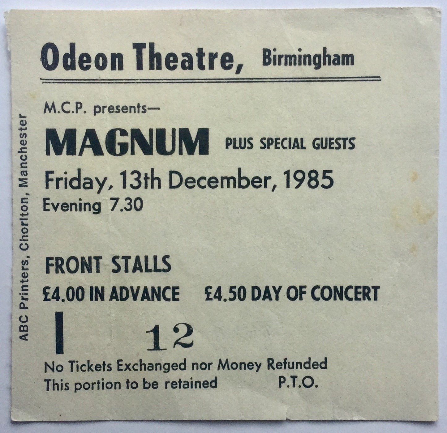 Magnum Original Used Concert Ticket Odeon Theatre Birmingham 13th Dec 1985