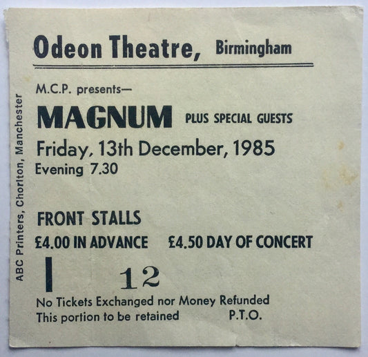 Magnum Original Used Concert Ticket Odeon Theatre Birmingham 13th Dec 1985