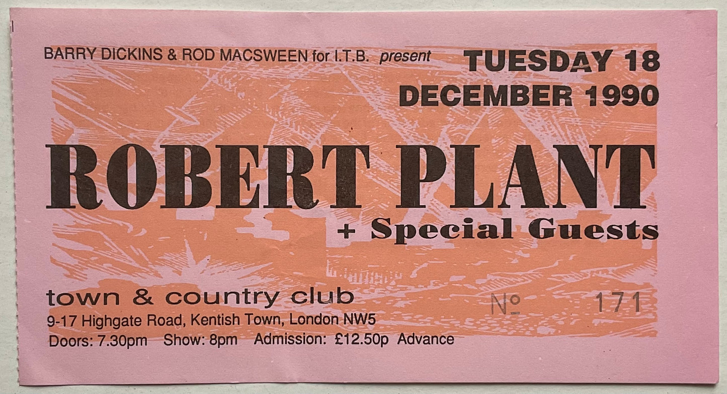 Led Zeppelin Robert Plant Original Used Concert Ticket Town & Country Club London 18th Dec 1990