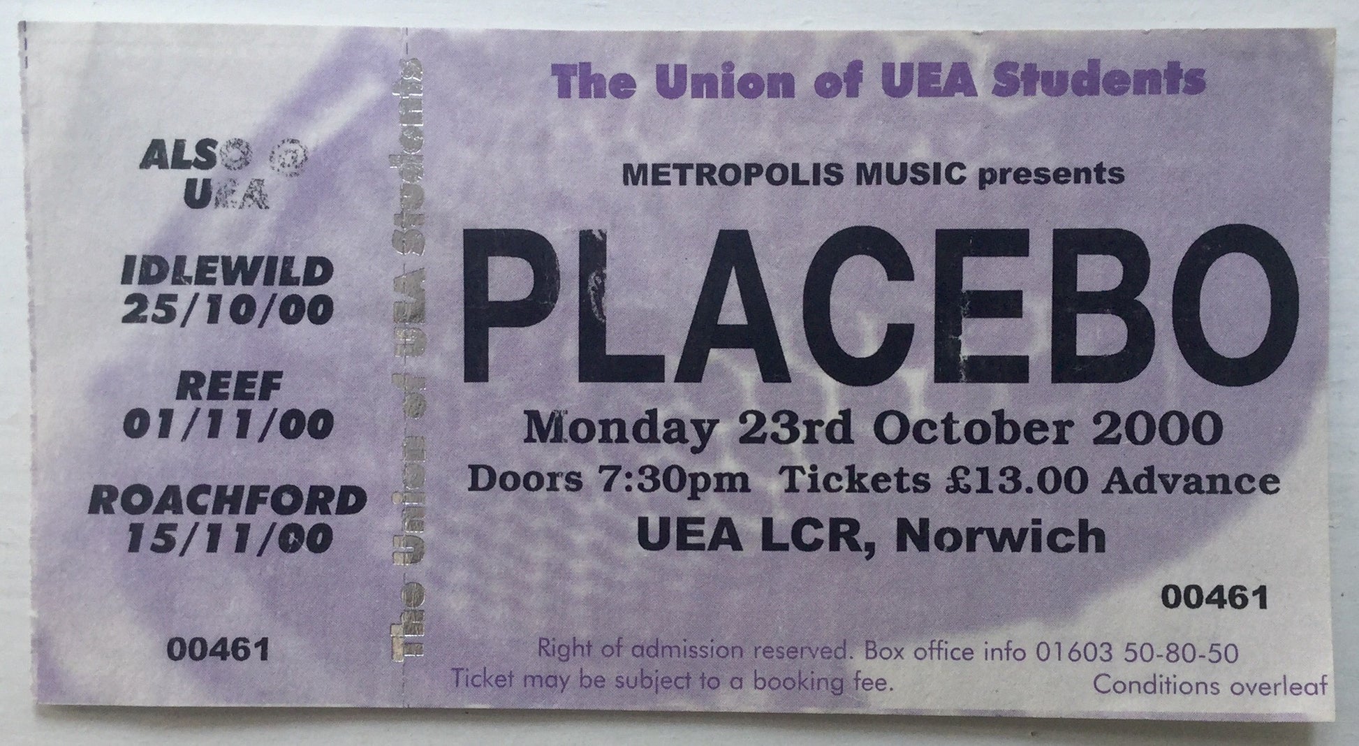 Placebo Original Unused Concert Ticket UEA Norwich 23rd Oct 2000