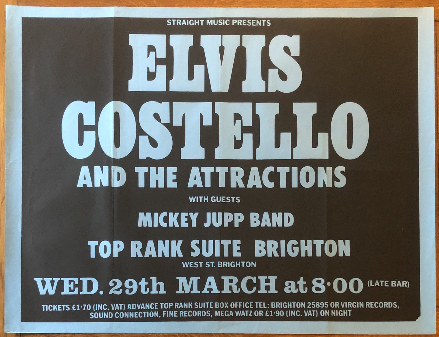 Elvis Costello Original Concert Gig Poster Top Rank Suite Brighton 29th March 1978