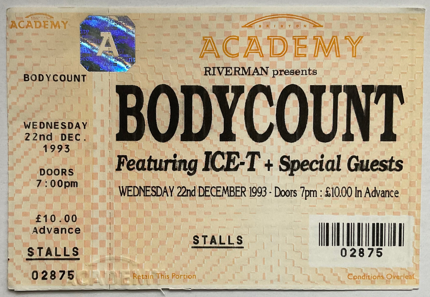 Bodycount Ice-T Original Unused Concert Ticket Brixton Academy London 22nd Dec 1993