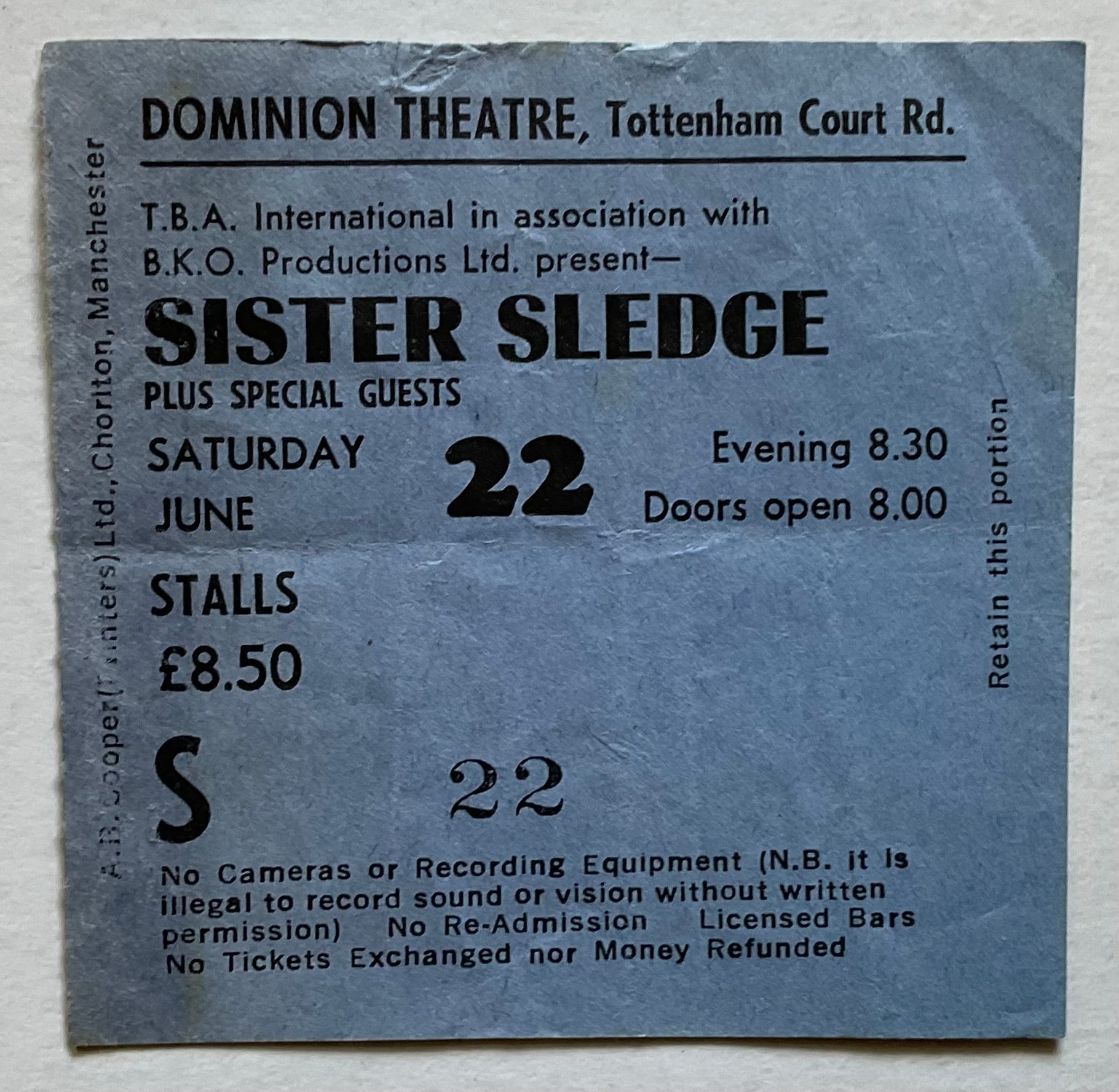 Sister Sledge Original Used Concert Ticket Dominion Theatre London 22nd Jun 1979