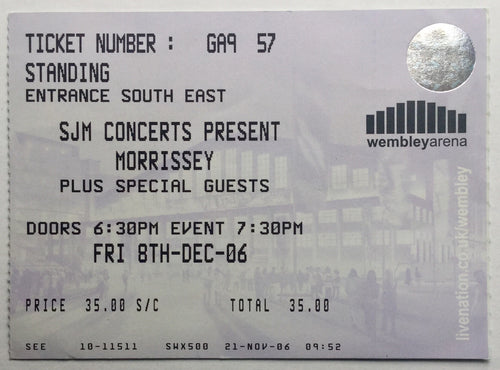 Morrissey Original Used Concert Ticket Wembley Arena London 8th Dec 2006