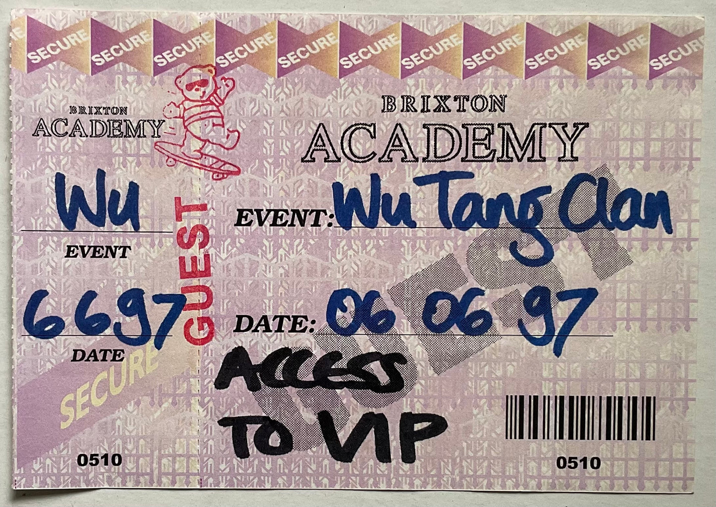 Wu Tang Clan Original Unused Concert Ticket Brixton Academy London 6th June 1997