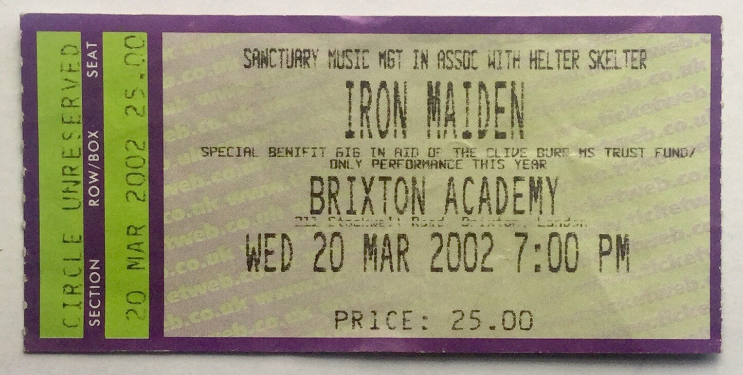 Iron Maiden Original Used Concert Ticket Brixton Academy London 20th Mar 2002