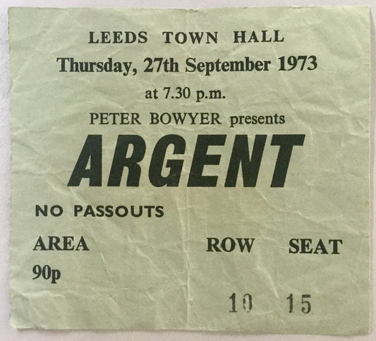 Argent Original Used Concert Ticket Leeds Town Hall 27th Sept 1973