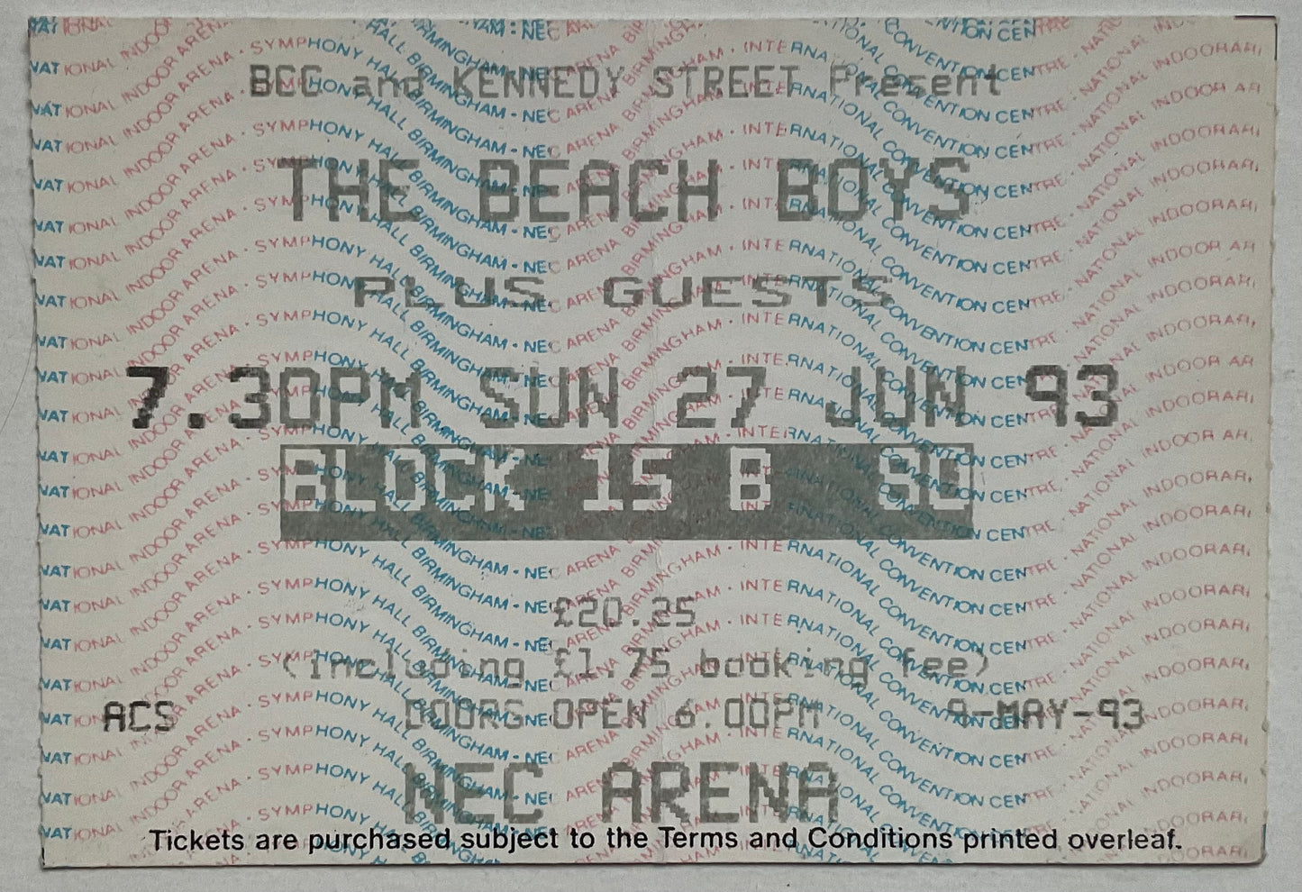 Beach Boys Original Used Concert Ticket NEC Arena Birmingham 27th Jun 1993