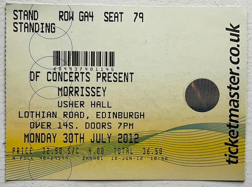 Morrissey Original Used Concert Ticket Usher Hall Edinburgh 30th Jul 2012