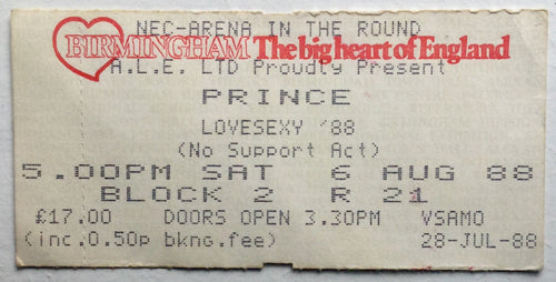 Prince Original Used Concert Ticket NEC Arena Birmingham 6th Aug 1988