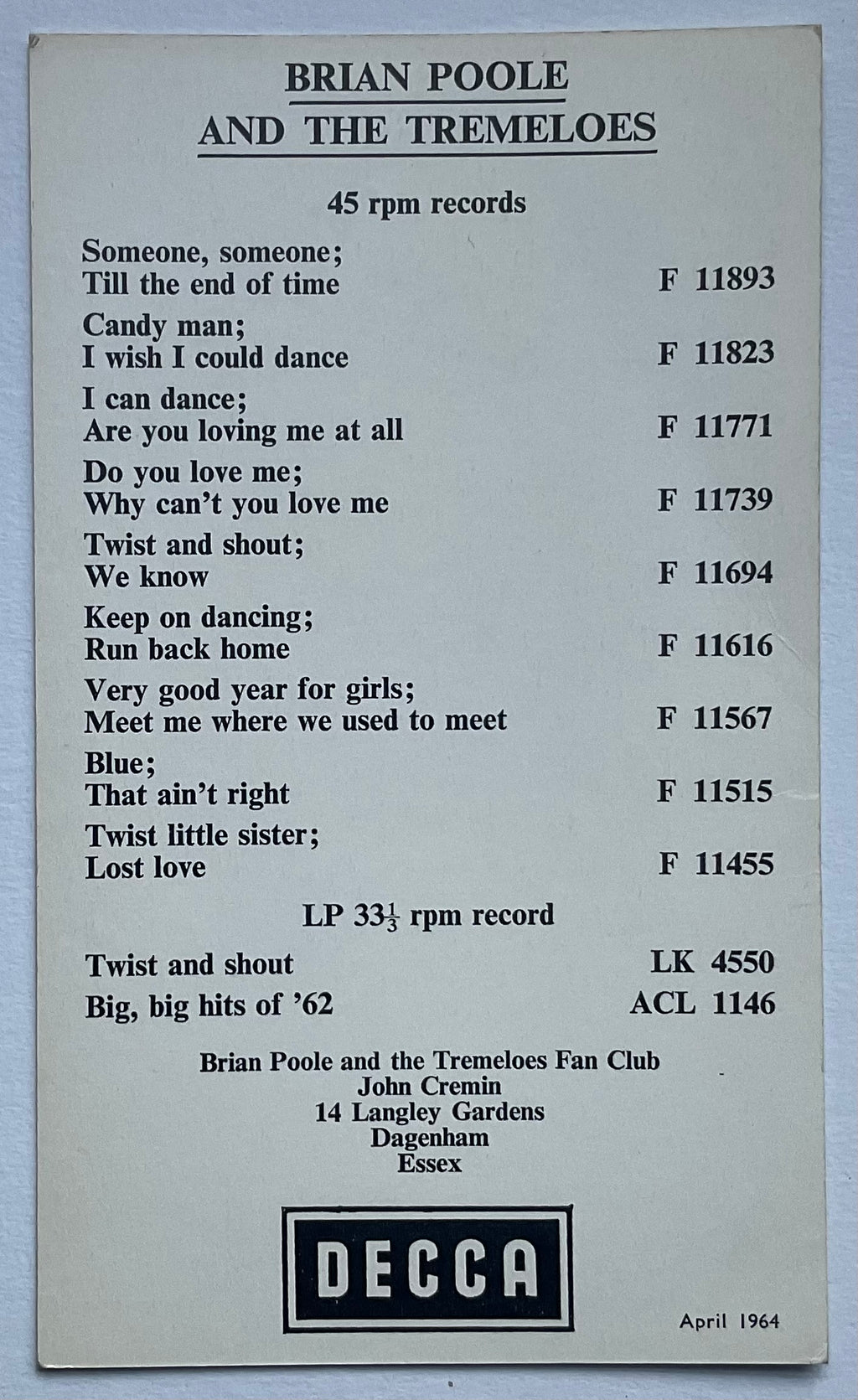 Brian Poole & the Tremeloes Original Promo Publicity Card Decca Records 1964