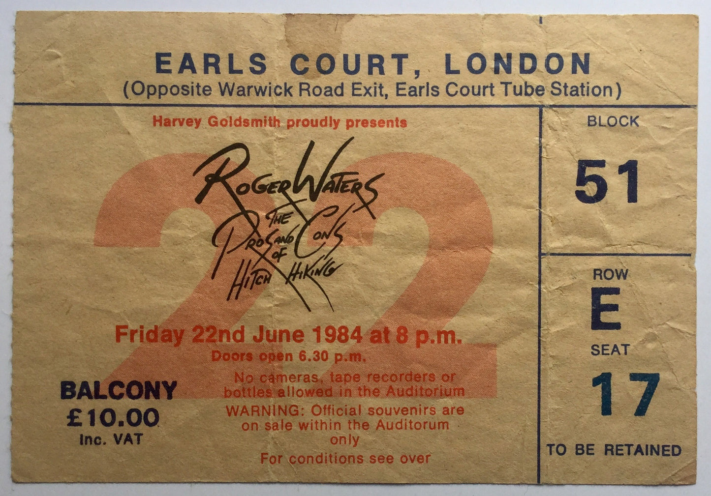 Roger Waters Eric Clapton Original Used Concert Ticket Earls Court London 22nd June 1984