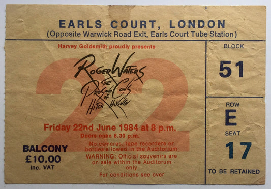 Roger Waters Eric Clapton Original Used Concert Ticket Earls Court London 22nd June 1984