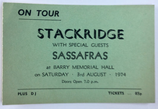 Stackridge Sassafras Original Used Concert Ticket Barry Memorial Hall 3rd Aug 1974