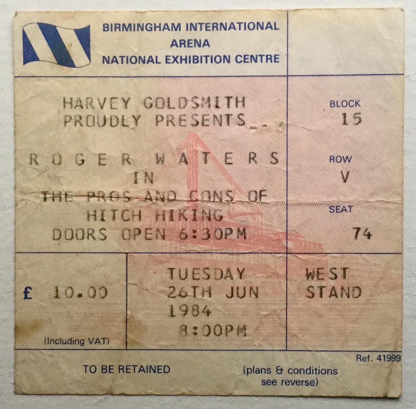 Roger Waters Eric Clapton Original Used Concert Ticket NEC Birmingham 26th Jun 1984