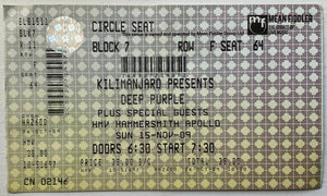 Deep Purple Original Unused Concert Ticket Hammersmith Apollo London 15th Nov 2009
