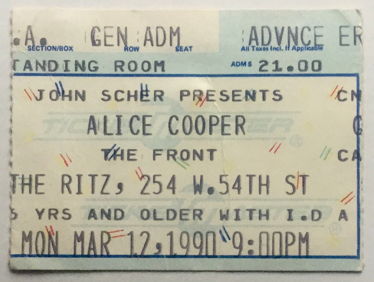 Alice Cooper Original Used Concert Ticket The Ritz New York 12th Mar 1990