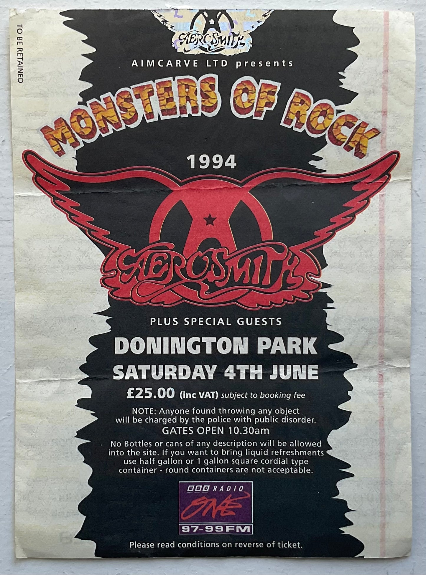 Aerosmith Extreme Wildhorses Original Concert Ticket Donington Park 4th June 1994