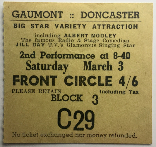 Albert Motley Gill Day Original Used Concert Ticket Gaumont Doncaster 1956