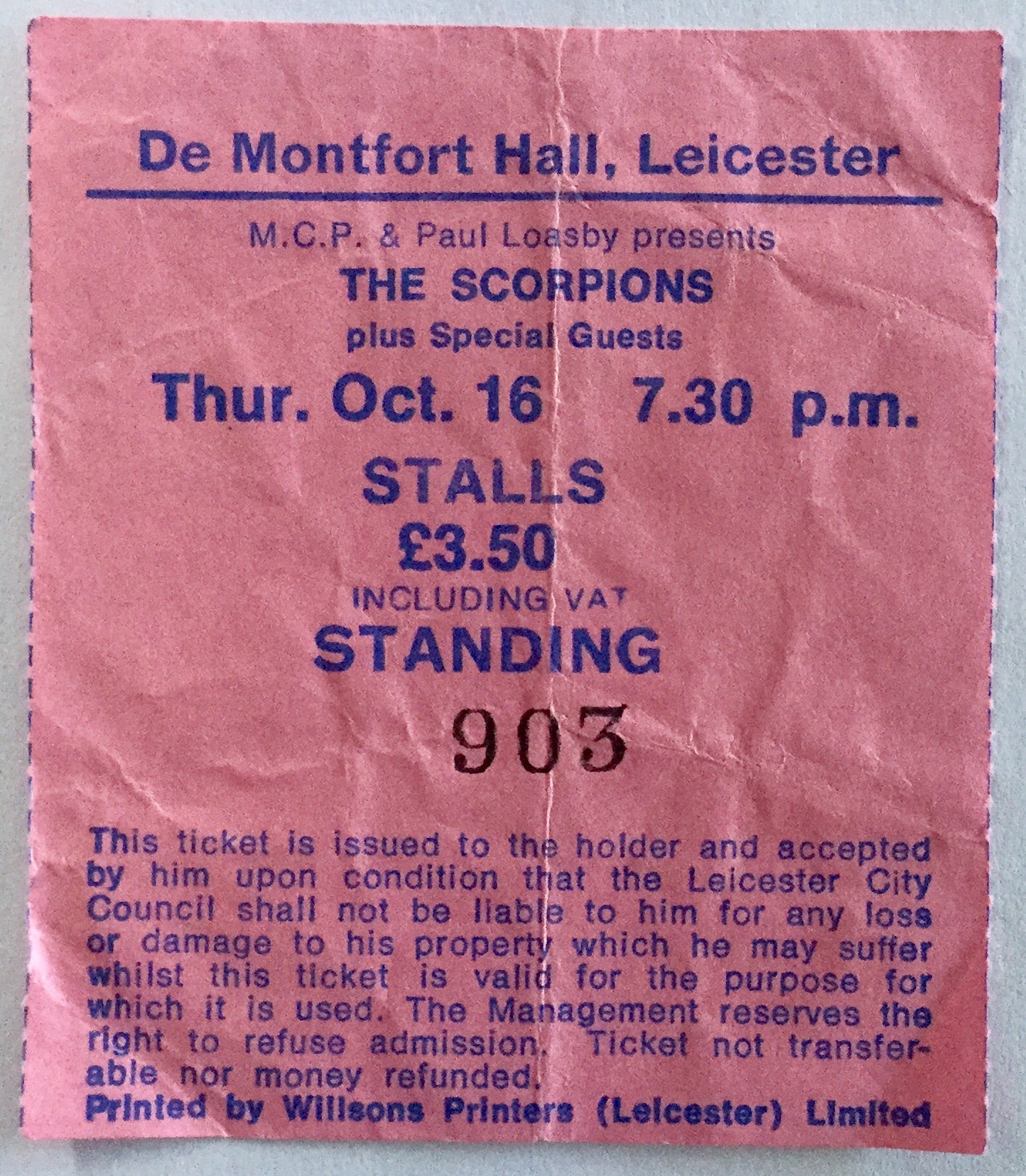 Scorpions Original Used Concert Ticket De Montfort Hall 16th Oct 1980