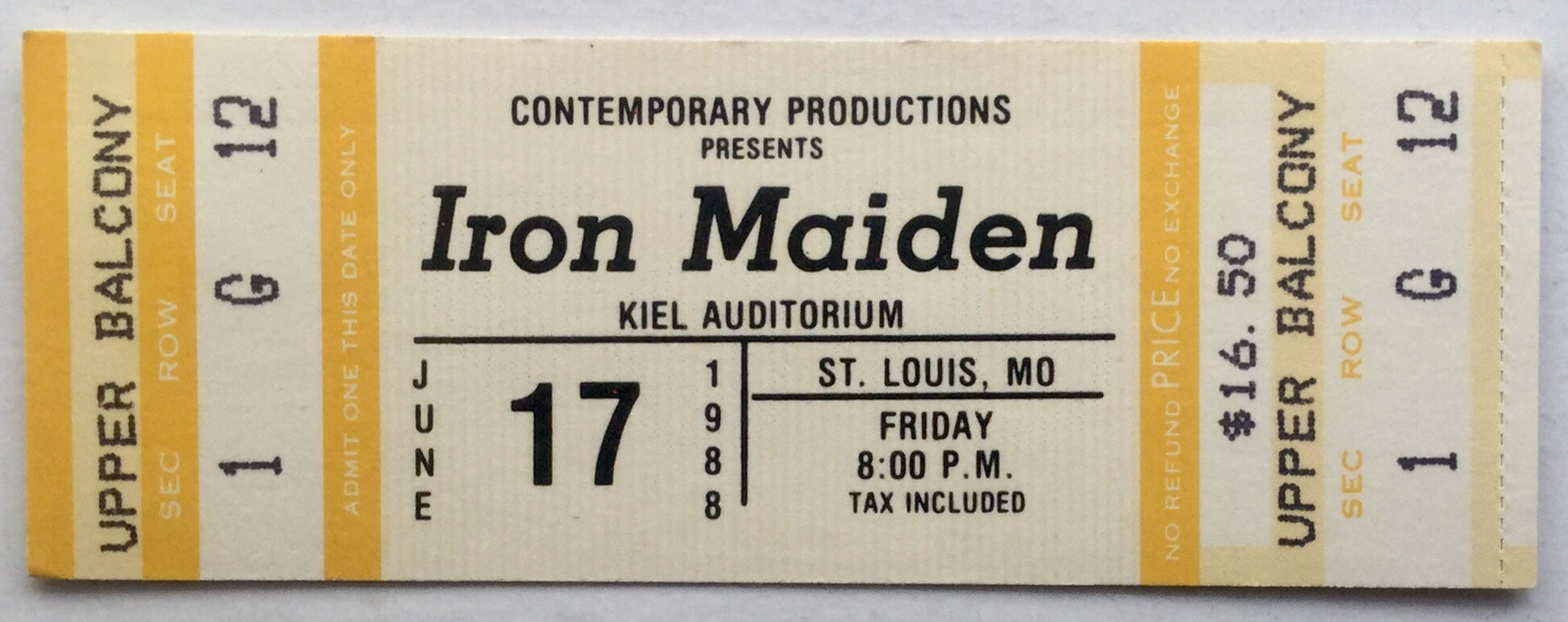 Iron Maiden Original Unused Concert Ticket Kiel Auditorium St Louis 17th Jun 1988