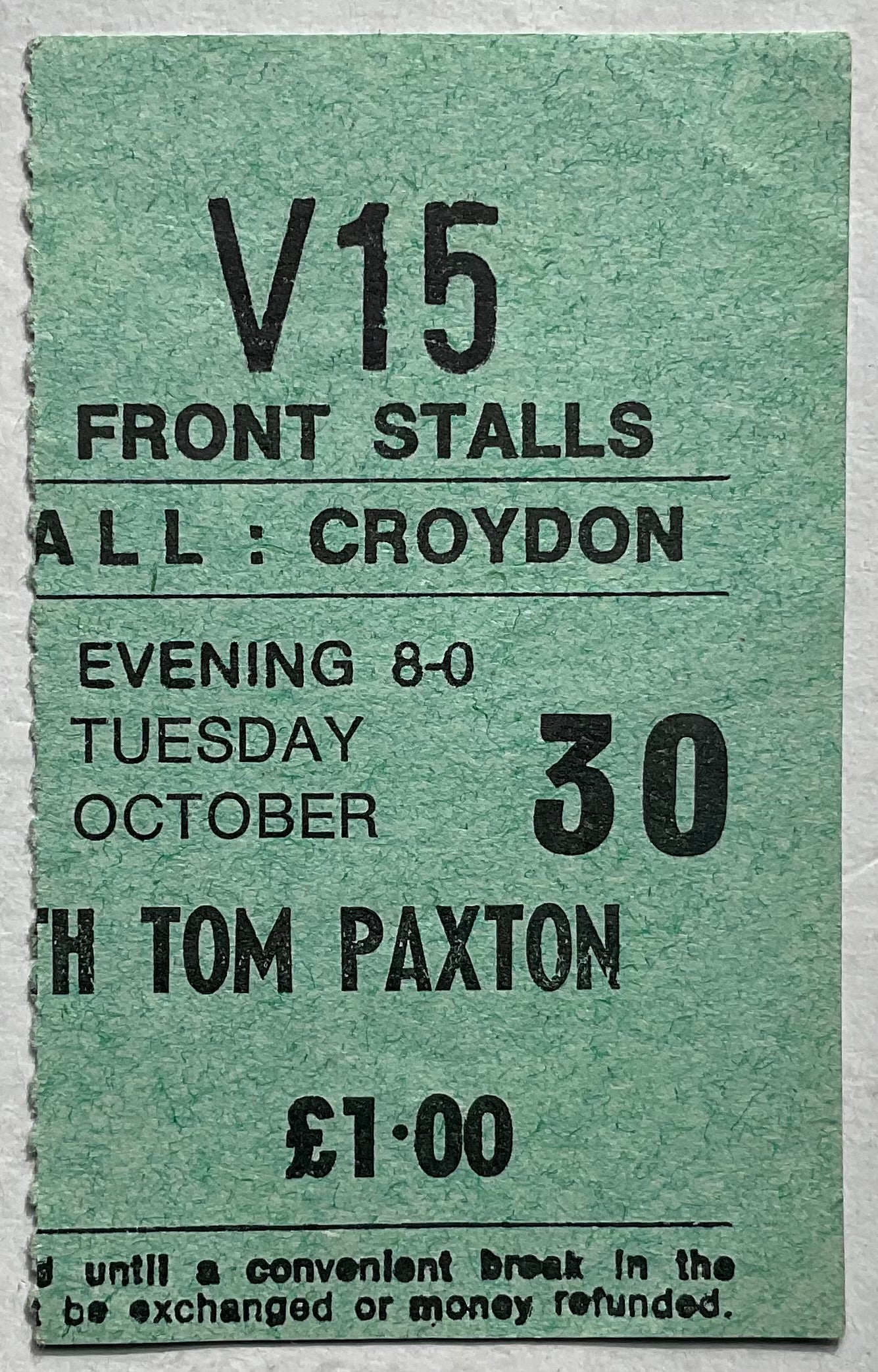 Tom Paxton Original Used Concert Ticket Fairfield Hall Croydon 30th Oct 1973