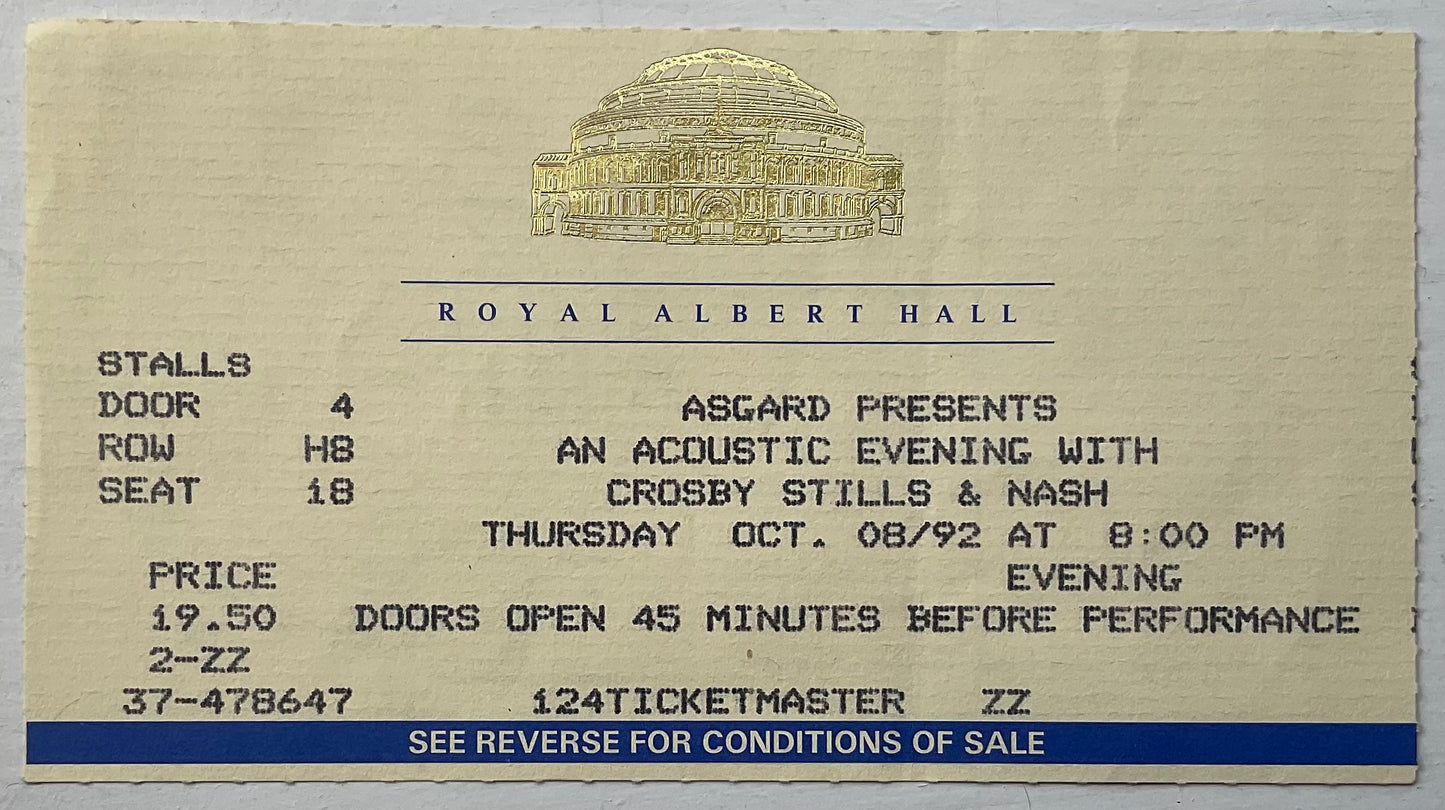 Crosby Stills & Nash Original Used Concert Ticket Royal Albert Hall London 8th Oct 1992