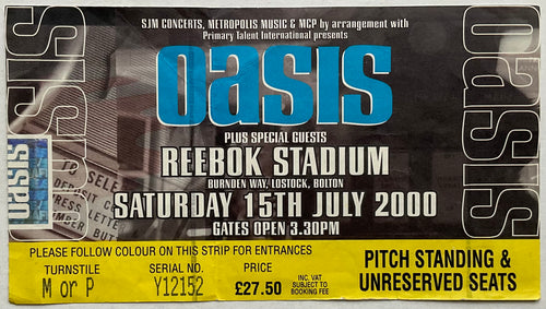 Oasis Original Used Concert Ticket Reebok Stadium Bolton 15th July 2000