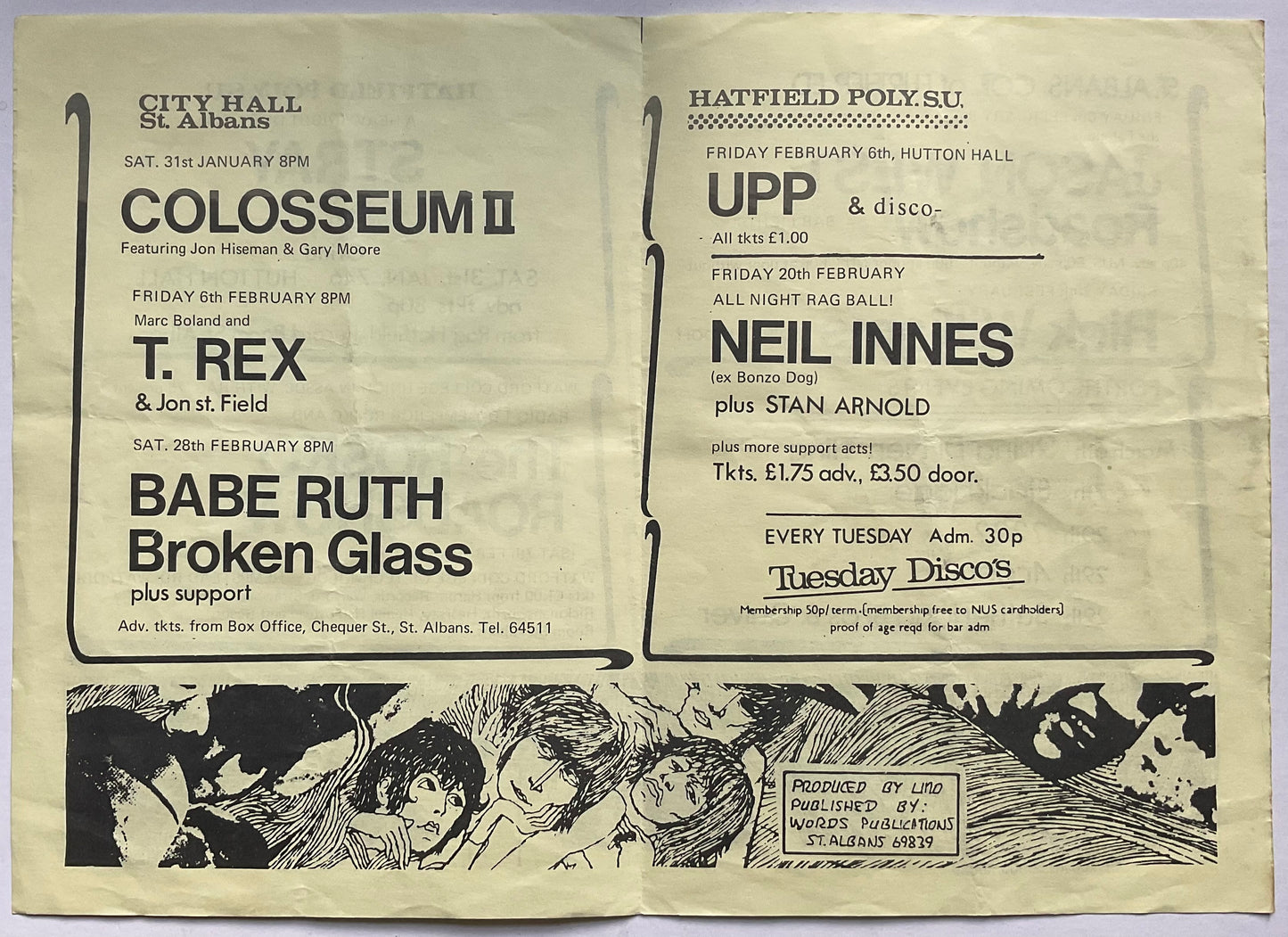 T Rex Marc Bolan Original Concert Handbill Flyer City Hall St. Albans 6th Feb 1976
