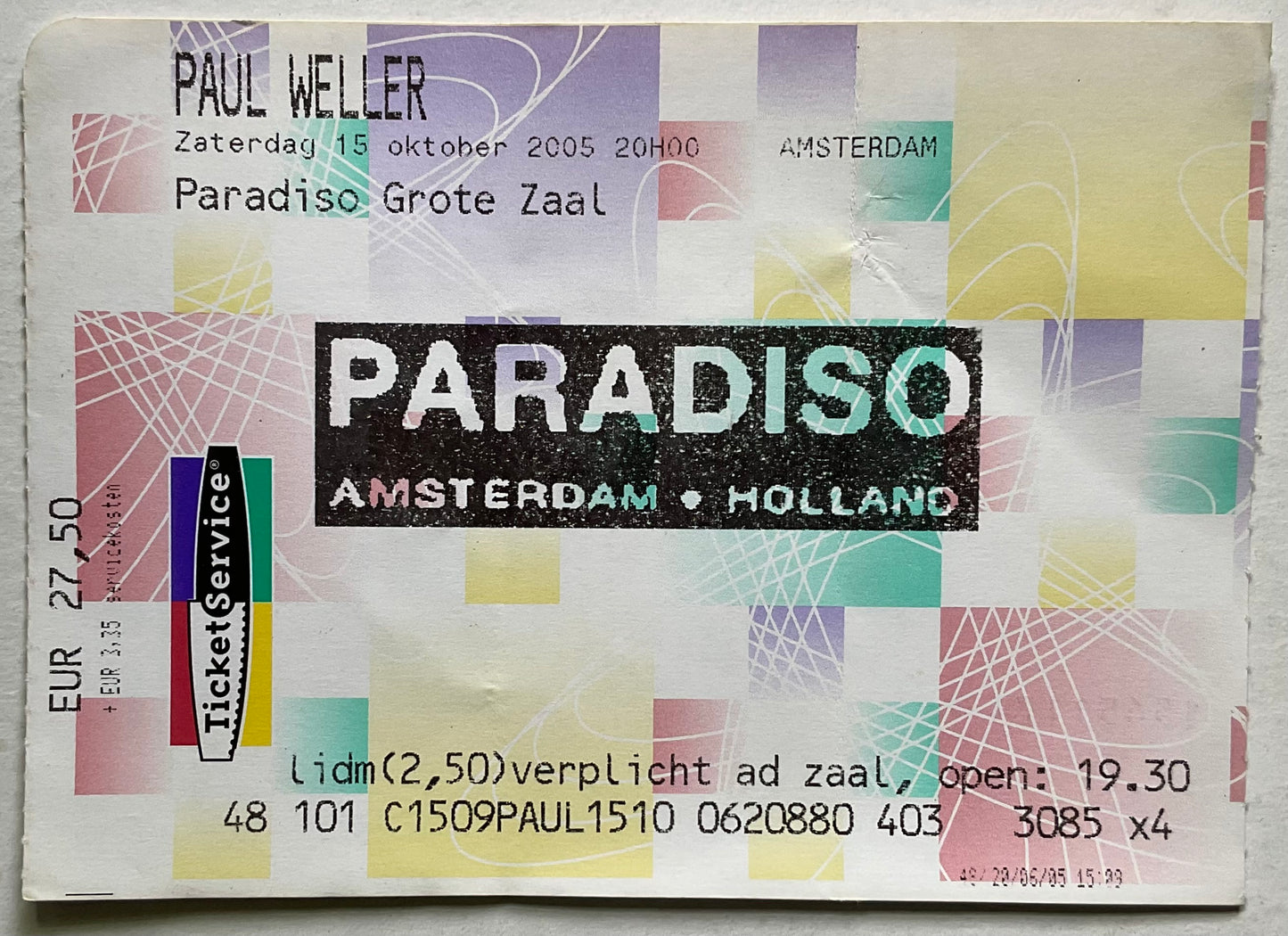 Paul Weller Original Used Concert Ticket Paradiso Club Amsterdam 15th Oct 2005