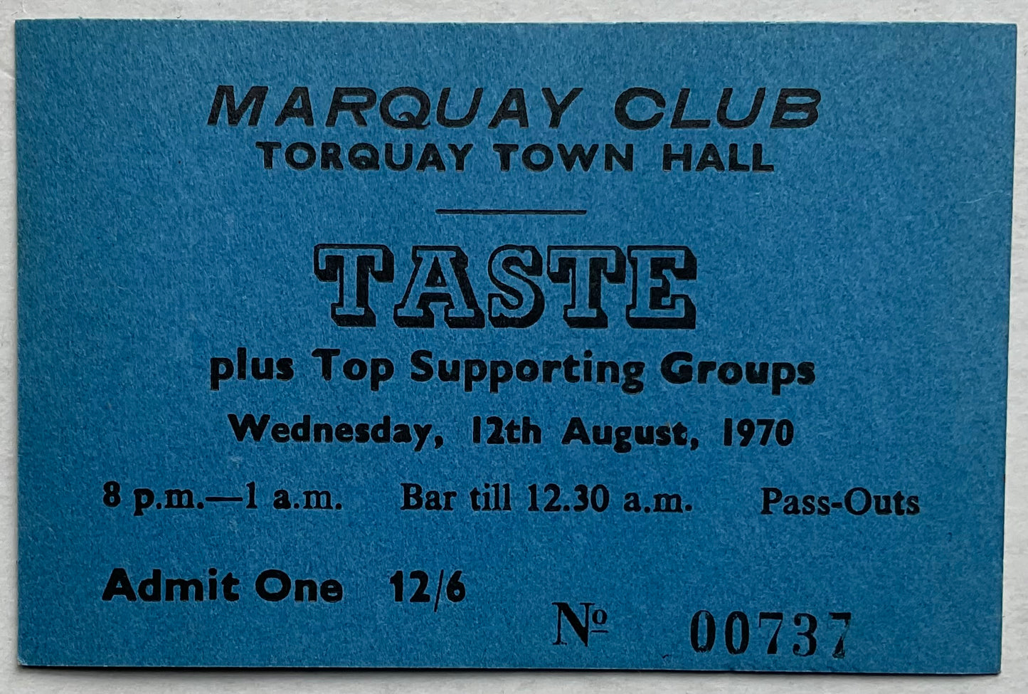 Taste Rory Gallagher Original Concert Ticket Marquay Club Town Hall Torquay 1970