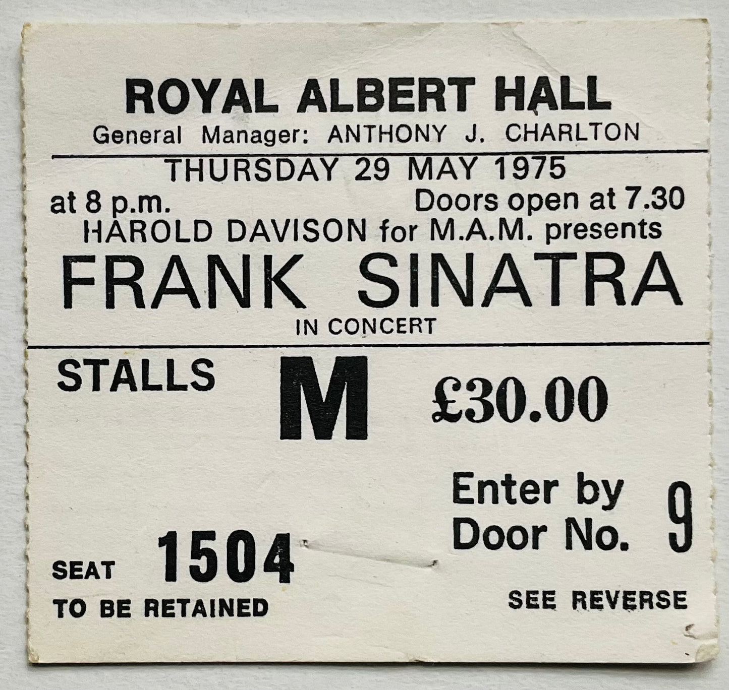 Frank Sinatra Original Used Concert Ticket Royal Albert Hall London 29th May 1975