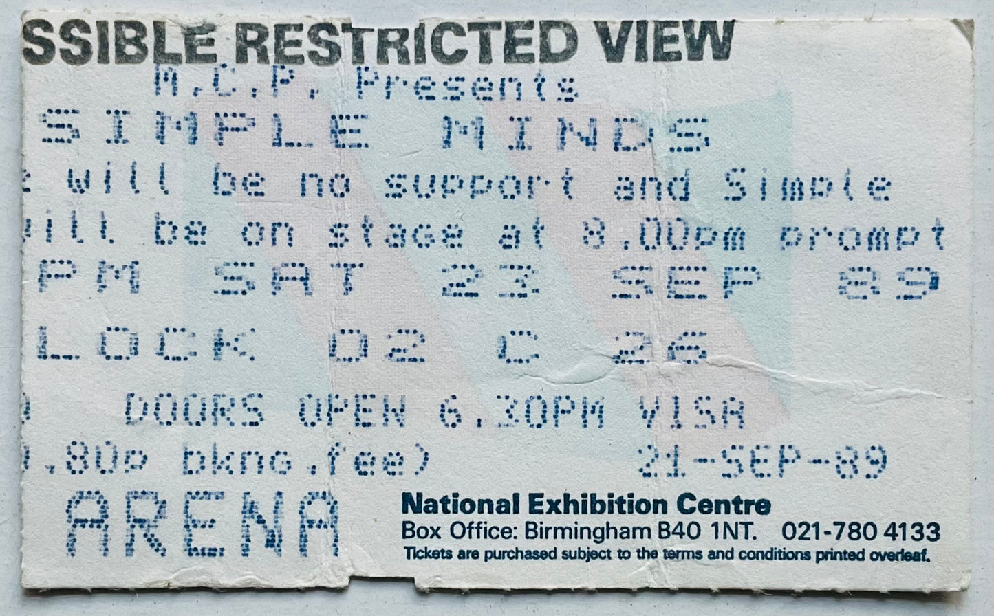 Simple Minds Original Used Concert Ticket NEC Arena Birmingham 23rd Sept 1989