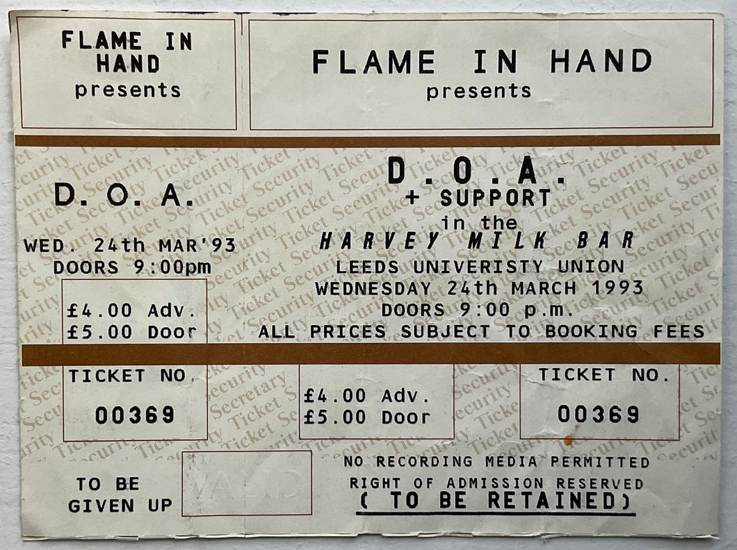D.O.A. DOA Original Unused Concert Ticket Leeds University 24th Mar 1993