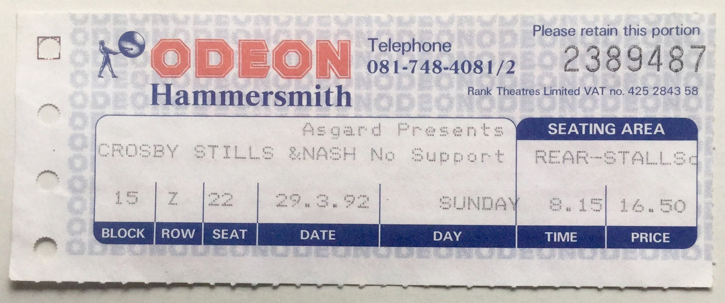 Crosby Stills & Nash Original Used Concert Ticket Odeon Hammersmith London 29th Mar 1992