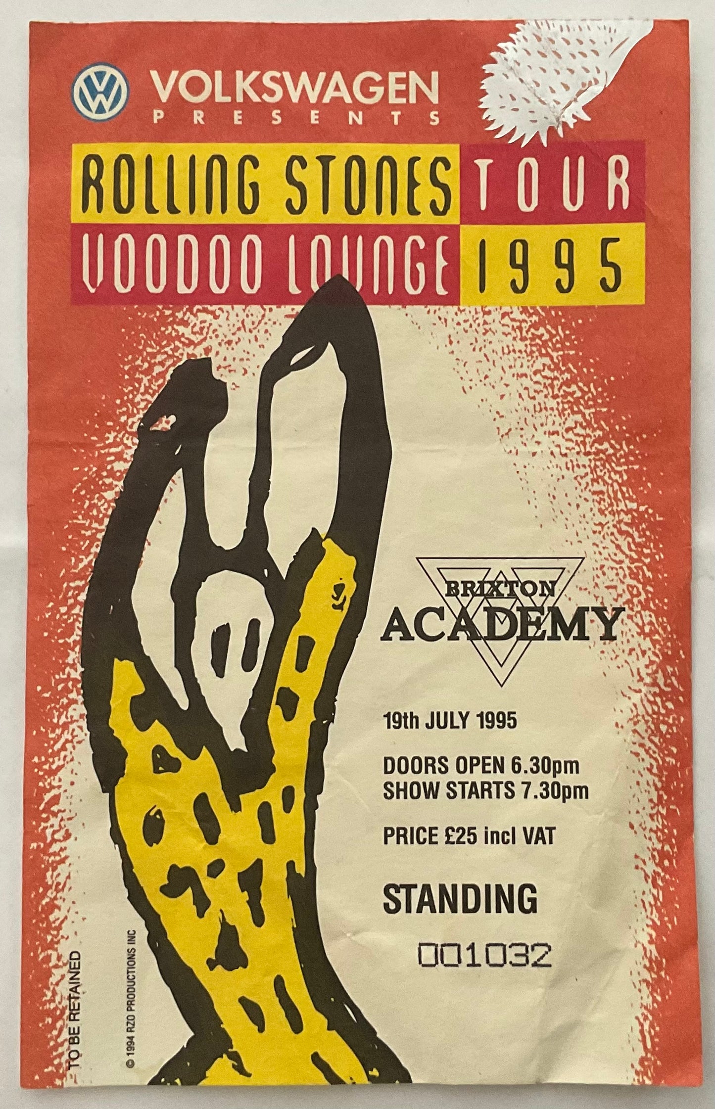 Rolling Stones Original Concert Ticket Brixton Academy London 19th July 1995
