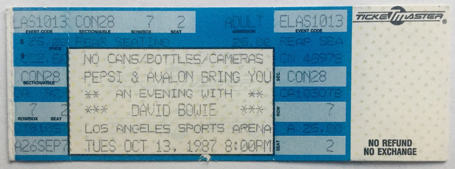 David Bowie Original Unused Concert Ticket Los Angeles Sports Arena 13th Oct 1987