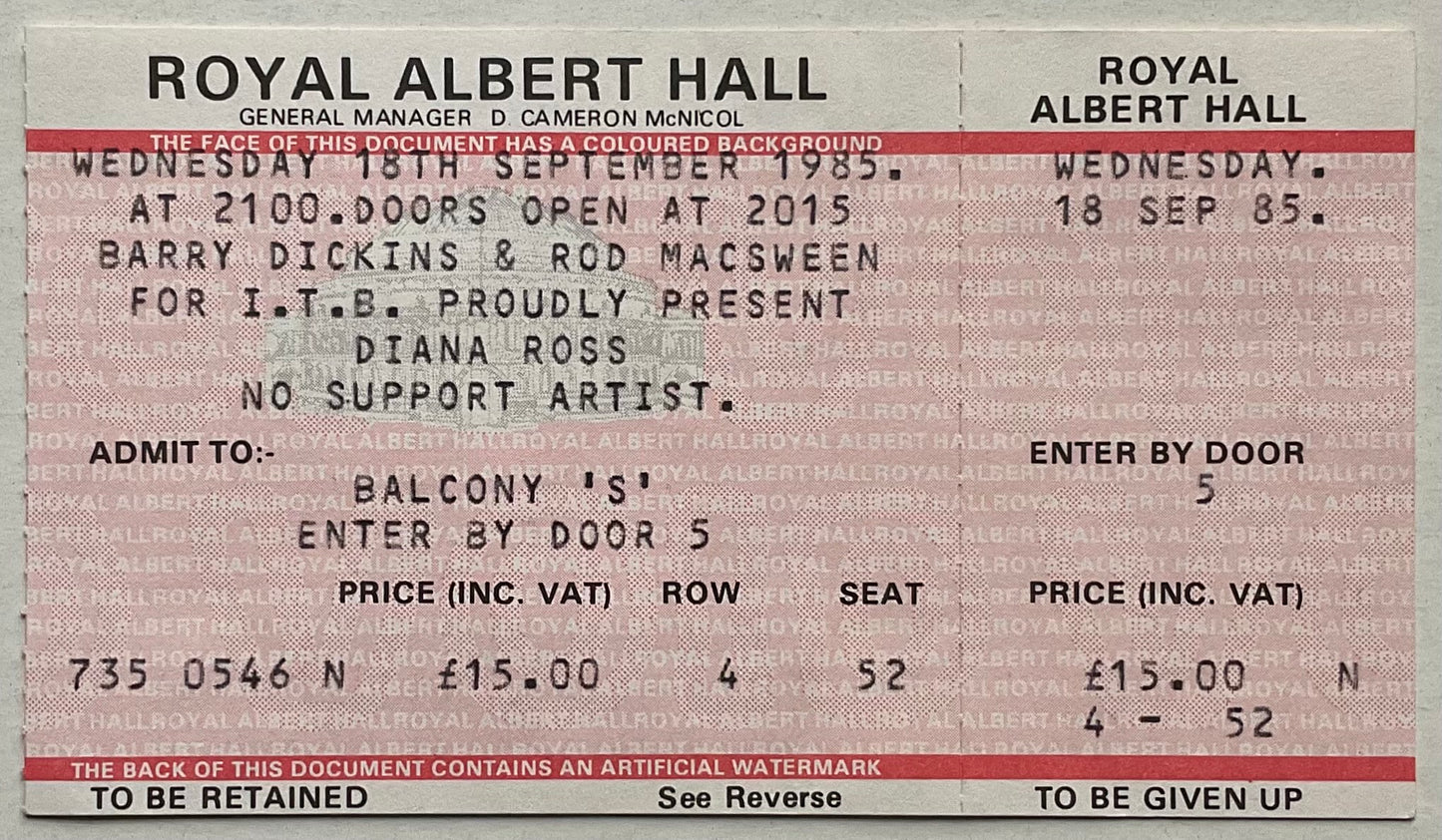 Diana Ross Original Unused Concert Ticket Royal Albert Hall London 18th Sept 1985