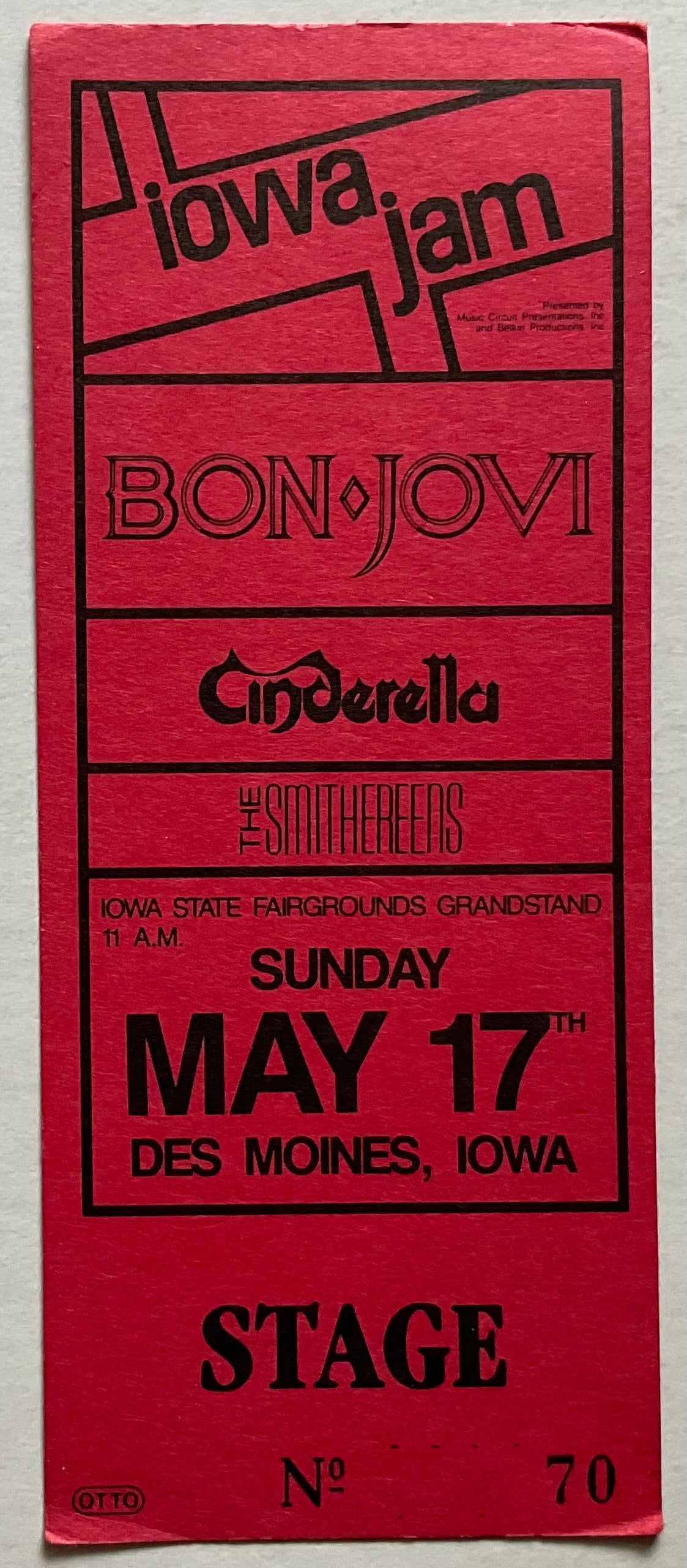 Bon Jovi Cinderella Original Unused Backstage Pass Ticket Des Moines Iowa 17th May 1987
