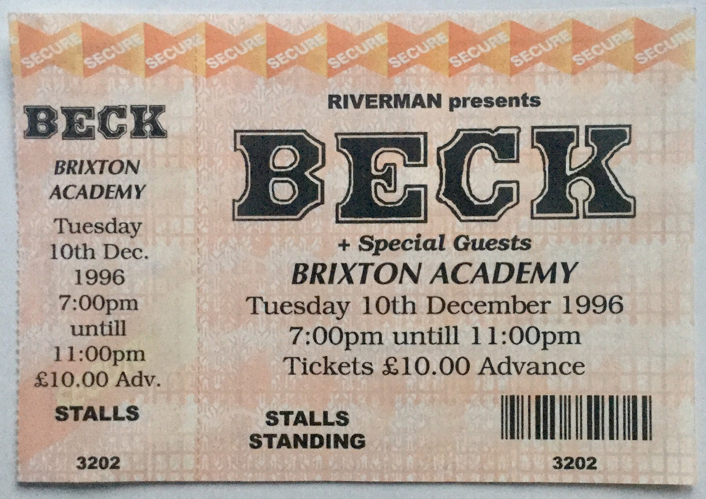 Beck Original Unused Concert Ticket Brixton Academy London 10th Dec 1996