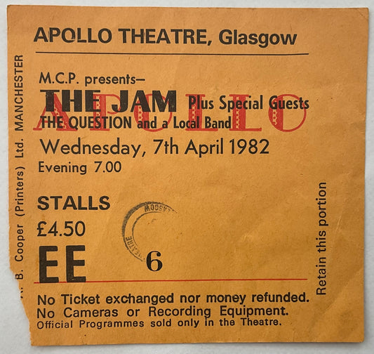 Jam Original Used Concert Ticket Apollo Theatre Glasgow 7th April 1982