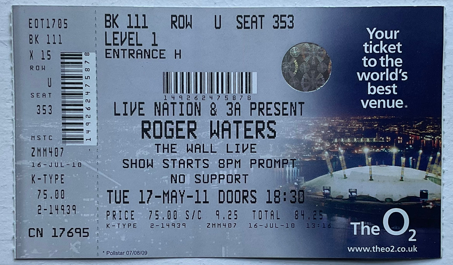 Pink Floyd Roger Waters Original Unused Concert Ticket O2 Arena London 17th May 2011