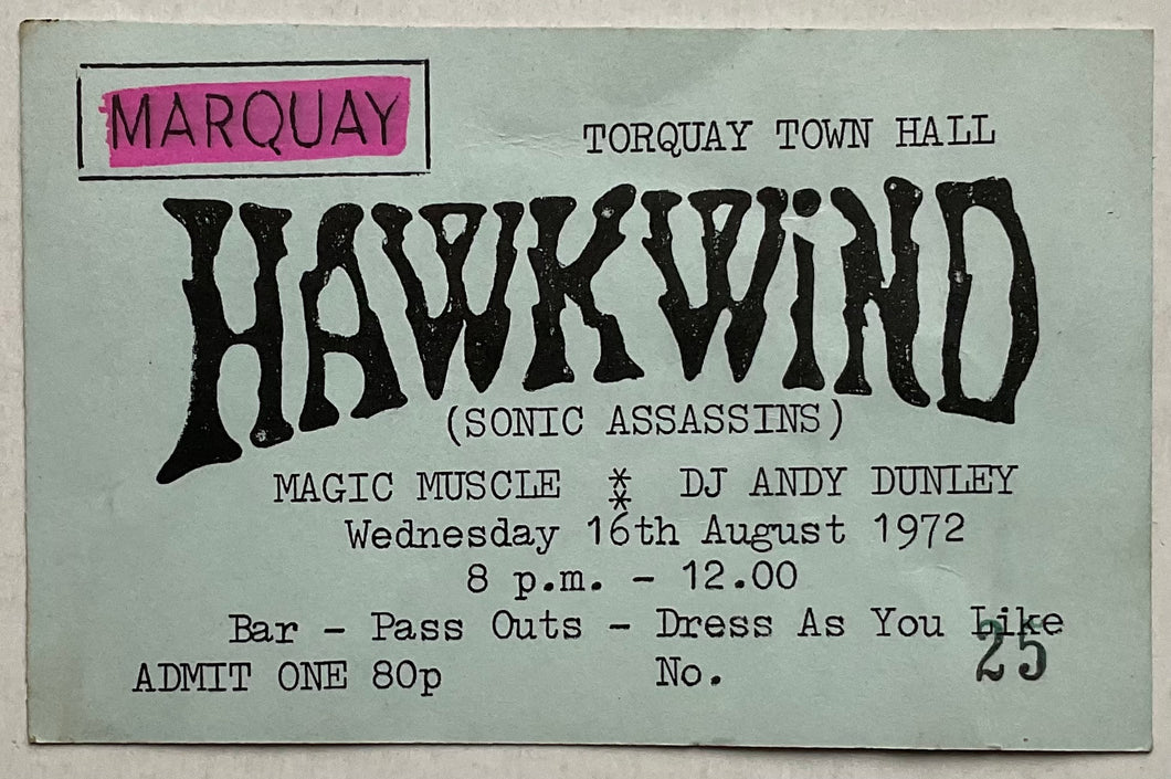 Hawkwind Original Used Concert Ticket Town Hall Torquay 16th Aug 1972