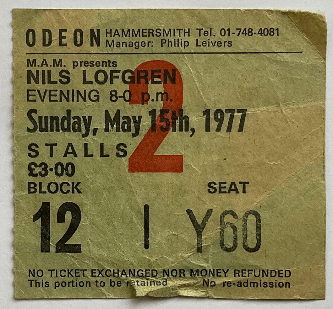 Nils Lofgren Original Used Concert Ticket Hammersmith Odeon London 15th May 1977