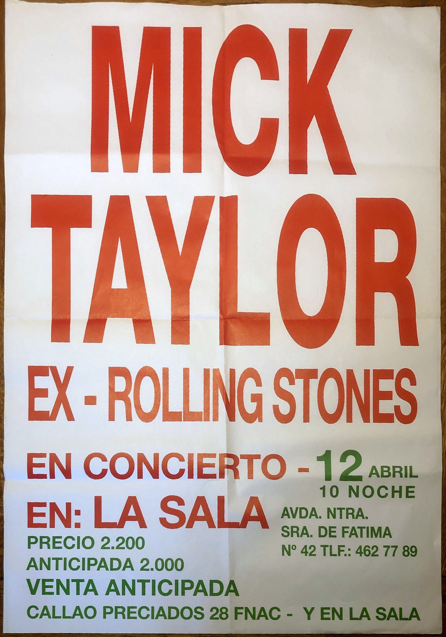 Mick Taylor Snowy White Original Concert Tour Gig Poster La Sala Madrid 12th Apr 1996